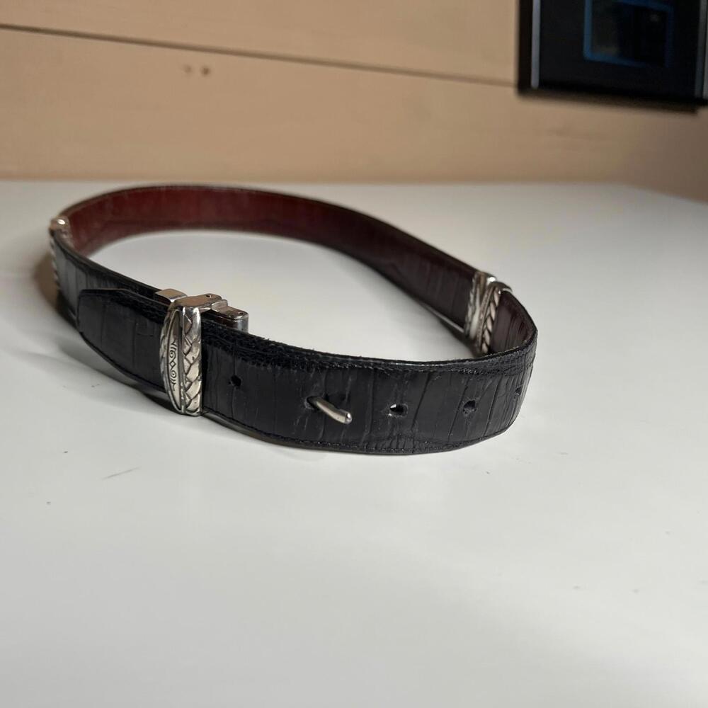 Vintage Etched Silver Buckle‎ Leather Belt Reversible Black Brown Western Style